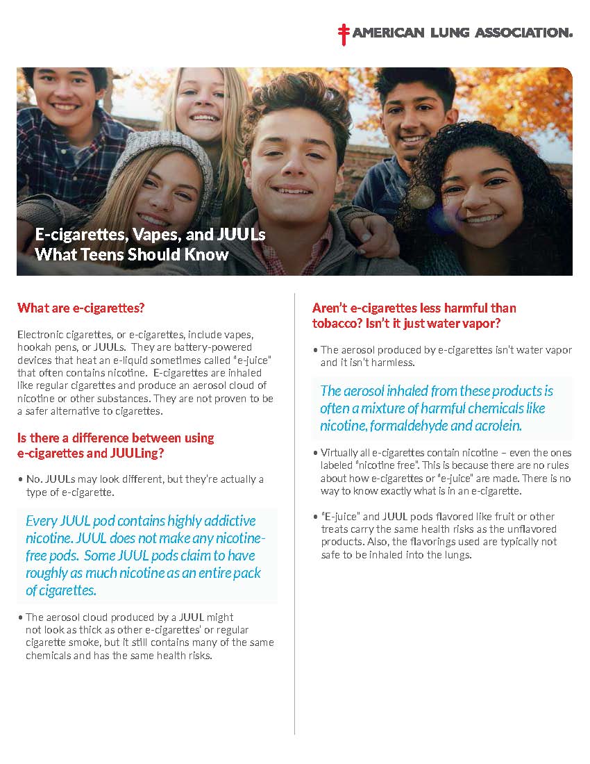 American Lung Association E-Cigarette Fact Sheet for Teens